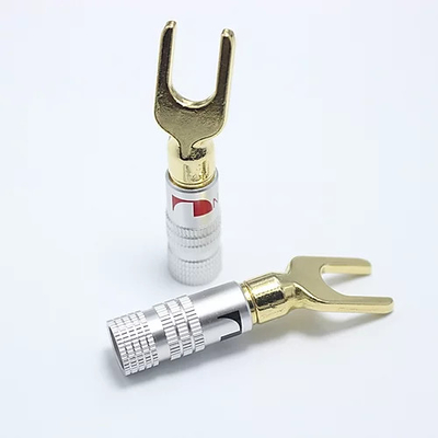 Antiwear Copper Spade Y Connector , Silver Nakamichi Locking Banana Plugs