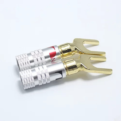 Antiwear Copper Spade Y Connector , Silver Nakamichi Locking Banana Plugs