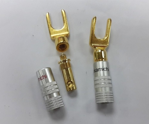 Antiwear Copper Spade Y Connector , Silver Nakamichi Locking Banana Plugs