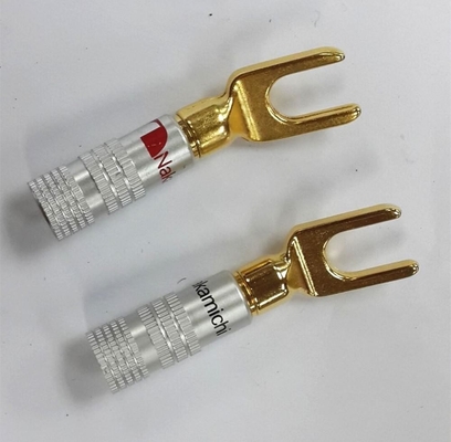 Antiwear Copper Spade Y Connector , Silver Nakamichi Locking Banana Plugs