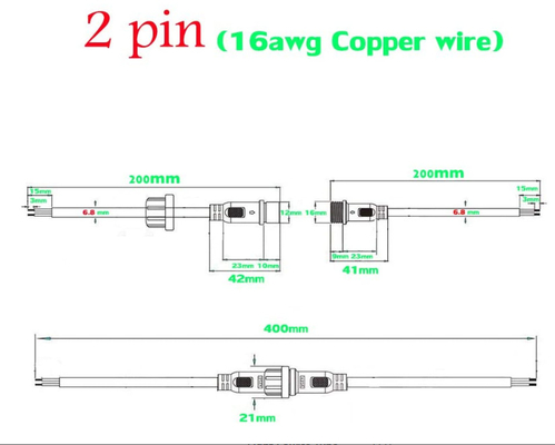 2Pin Waterproof LED Connector IP65 20cm 16AWG Wire Male / Female